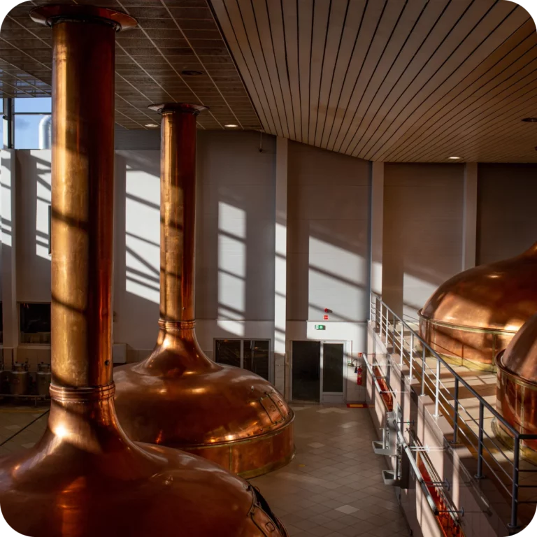 Interior of a brewhouse with copper brewing kettles.